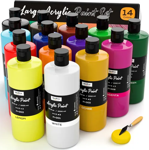 Nicpro Juego de pintura acrílica grande de 14 colores (33.8 onzas, 33.8 fl oz), suministros de pintura artística, no tóxicos para múltiples
