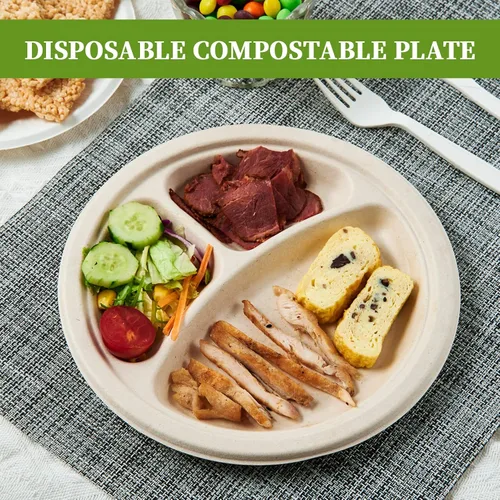 Miniatura 5 de ECOLipak paquete de 125 platos desechables de 3 compartimentos, platos de papel compostables de 10 pulgadas de alta resistencia, hechos de fibras