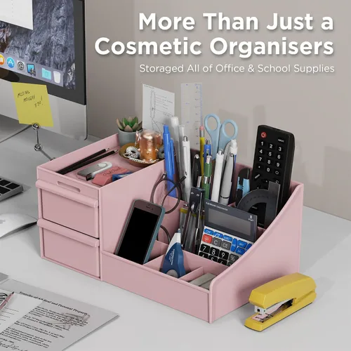 Miniatura 8 de DancesCat Organizador de maquillaje rosa y 2 cajones en mostrador, organizador de tocador con 7 compartimentos y 2 cajones para cosméticos, cuidado