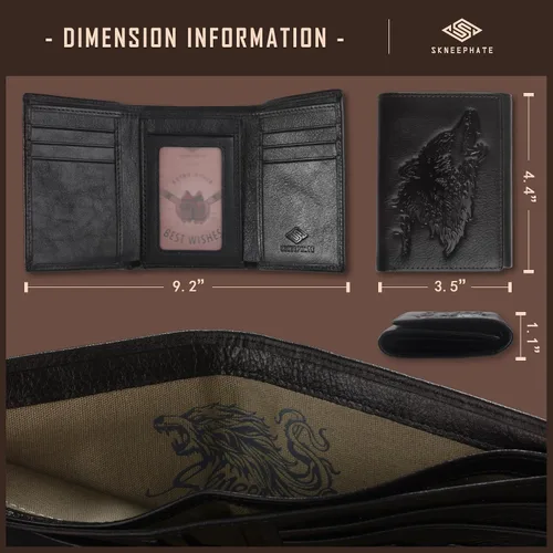 Miniatura 4 de skneephate Cartera personalizada de lobo para hombres, billeteras triples para hombres, con bloqueo Rfid, carteras de cuero, regalos para él