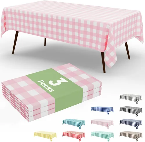 Miniatura 84 de Smiry Paquete de 3 Manteles Desechables de Cuadros Gingham Color Caqui - 54" x 72" Mantel de Plástico de Servicio Pesado, Cubiertas de Mesa