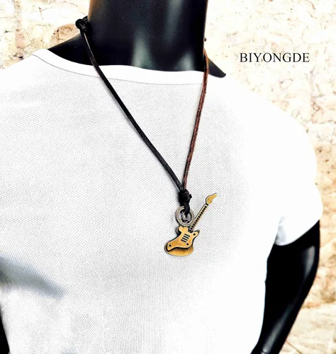 Miniatura 2 de BIYONGDE Hoja de plumas vintage, guitarra, dos círculos, collar con colgante de cruz de espada, cuero marrón ajustable, étnico