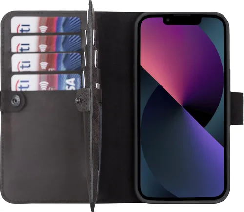 Miniatura 40 de HARDISTON Funda de piel auténtica de alta calidad hecha a mano para iPhone 11 Pro de 5.8 pulgadas, tarjeteros de doble folio, funda magnética Negro
