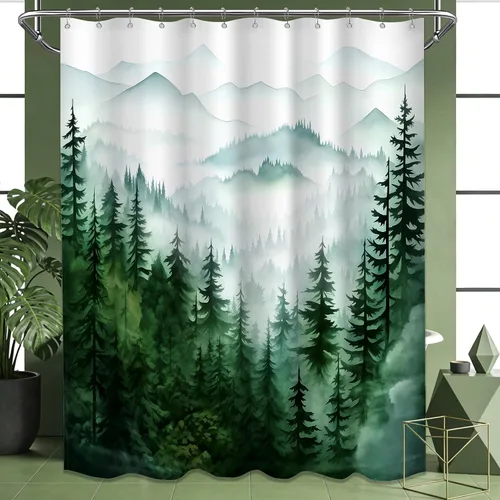 Miniatura 37 de Cortina de ducha azul marino de bosque Cortina de ducha azul oscuro de montaña y naturaleza para decoración de baño de hombres, tela impermeable