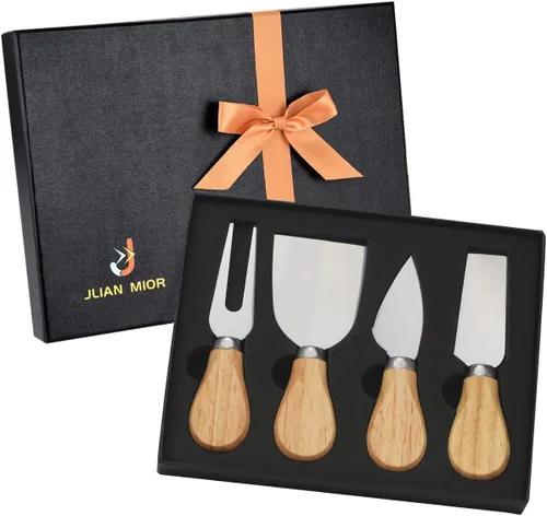 Miniatura 10 de Exquisito juego de cuchillos de queso de 4 piezas, colección completa de cuchillos de queso de acero inoxidable (mango de madera de acacia), listo