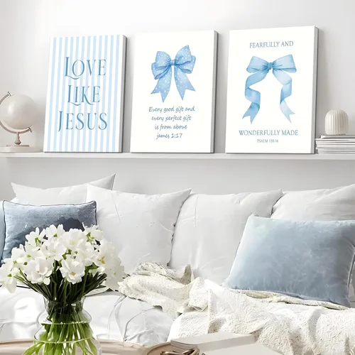 Miniatura 4 de Decoración de pared de 3 piezas con lazos azul claro, decoración de pared para habitación de niña adolescente de Jesús, bonitas imágenes