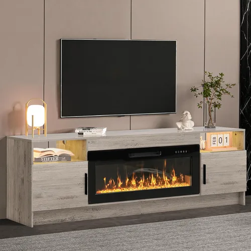 Miniatura 10 de Kucreiheat Soporte de TV negro con chimenea, luces LED, centro de entretenimiento para TV de hasta 80 pulgadas, consola de TV moderna para sala