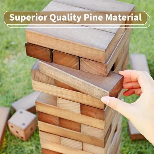 Miniatura 4 de ApudArmis Torre Gigante Tumble (Se apila desde 2 pies hasta más de 4.2 pies), 54 PIEZAS Juego de Madera de Pino Apilable Timber con 1 Juego de Dados