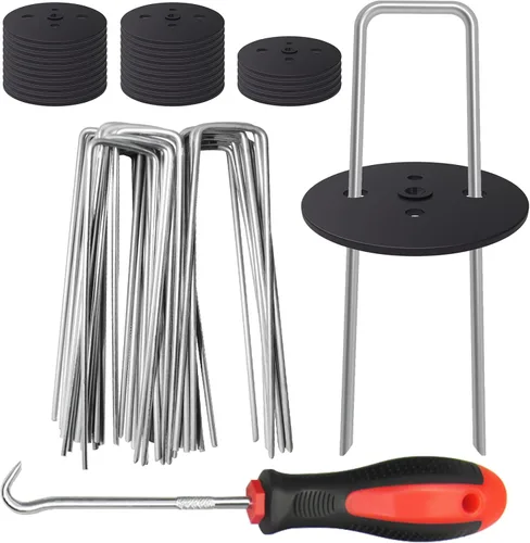25 estacas de jardín + 25 juntas, grapas de césped de 6 pulgadas, calibre 11, galvanizado, en forma de U, clavos de césped resistentes para