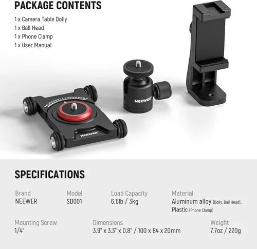 Miniatura 7 de NEEWER Camara deslizante Dolly con cabeza esférica y abrazadera para teléfono, 4 ruedas de mesa Dolly Patinador manual con panorama de 360°