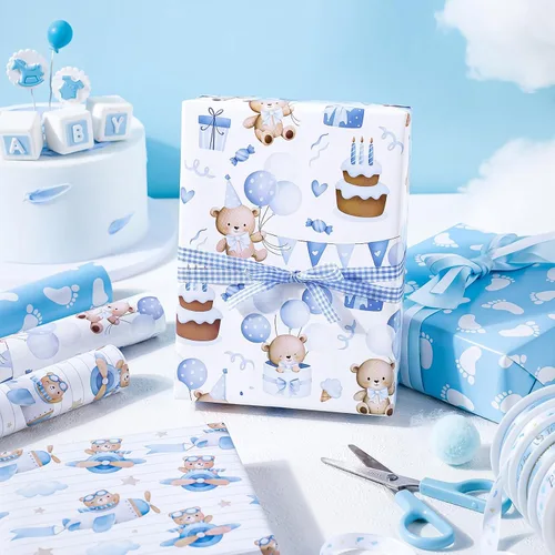 Miniatura 5 de WRAPAHOLIC Papel de regalo de oso para baby shower, mini rollo, 3 rollos, 17 x 120 pulgadas, diseño de oso de aventura en avión y fiesta para baby