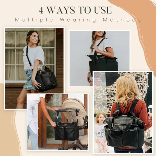 Miniatura 6 de Miss Fong Bolso de cuero para pañales con almohadilla para cambiar, correas, talla única , Negro