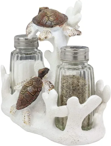 Miniatura 3 de Ebros - Juego de 2 saleros y pimenteros náuticos de arrecife de coral blanco con 2 tortugas marinas y pimenteros, escultura decorativa como centro