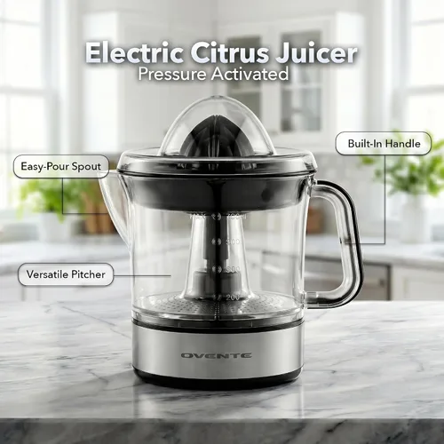 Miniatura 3 de OVENTE Exprimidor eléctrico de cítricos con 2 conos para frutas grandes y pequeñas, activada por presión, control de pulpa y boquilla fácil