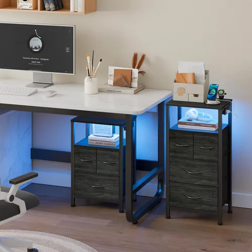 Miniatura 9 de Furnulem Mesita de noche negra con estante de madera, mesa auxiliar con luz LED y estación de carga, mesita de 25.8 pulgadas con 3 cajones