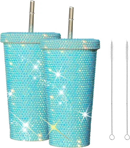 Tazas de café helado con purpurina de diamante, taza de agua azul brillante con tapa y popote para agua para mujer y niña, 2 unidades