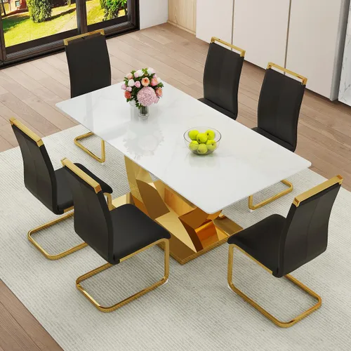 Miniatura 24 de Juego de Mesa de Comedor Negra para 6, Mesa de Comedor de Mármol Falso de 71" para 6, Juego de Mesa de Cocina Rectangular con Sillas de Cuero PU