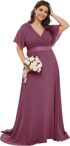 Miniatura 162 de Ever-Pretty Vestido formal para mujer, Navidad, Año Nuevo, cuello en V, gasa, talla grande, largo hasta el suelo, vestido de dama de honor