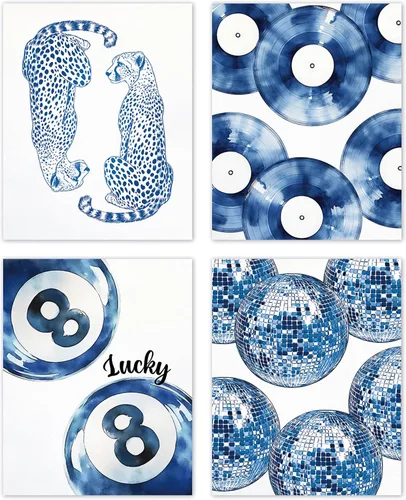 TLESKE Pósteres Azules Preppy de Guepardo Lucky 8 Balls Impresiones Sin Marco de 8x10 Juego de 4, Impresiones Artísticas de Pared de Bolas de azul