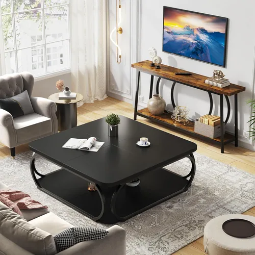 Miniatura 9 de Tribesigns Square Coffee Table with Open Storage Shelf for Living Room, 39 Inch Large Wood Center Table 2 Tier Low Coffee Tables Farmhouse Tea Table