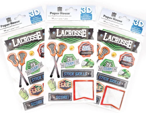 Paper House Productions Die-Cut Lacrosse Dimensional & Foil Accent Scrapbook Sticker Sheet - Gear Up, 3-Pack