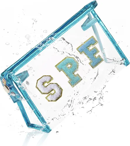Miniatura 18 de COSHAYSOO Bolsa de Maquillaje Transparente con Protección Solar, Bolsa de Protector Solar con Parches de Letras, Accesorios Esenciales de Playa