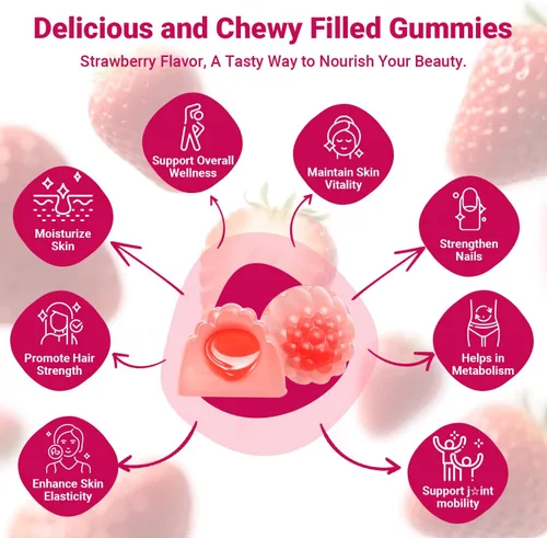 Miniatura 3 de Gomitas de colágeno para mujer, sin azúcar, hidrolizadas con péptidos de colágeno tipo I, II, III, V, X, biotina, ácido hialurónico