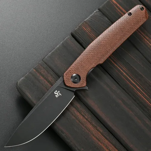 Miniatura 2 de Sitivien Cuchillo plegable ST102, hoja de acero D2+mango Micarta EDC herramienta cuchillo para exteriores, camping, caza, supervivencia (marrón)