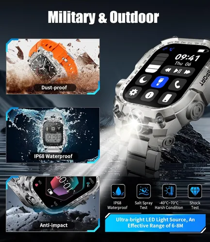 Miniatura 7 de Relojes inteligentes militares para hombre (respuesta/hacer llamadas), reloj inteligente deportivo con pantalla HD de 2.01 pulgadas con linterna LED