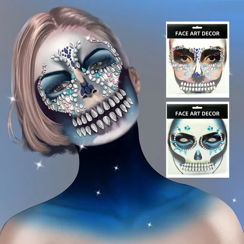 Miniatura 8 de Día de los Muertos - Gemas para la cara de los muertos, tatuajes temporales de calavera para Halloween, piedras de cristal de diamantes de H1 H4