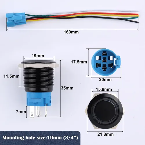 Miniatura 2 de 2 interruptores de botón de bloqueo de 0.748 in de 12 V-24 V, anillo de CC LED 1NO 1NC impermeable botón de metal negro encendido apagado