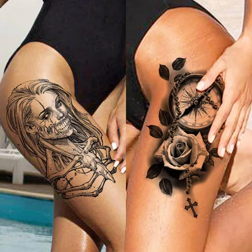 Miniatura 3 de 49 hojas de tatuajes temporales tribales negros para mujeres, hombres, adultos, brazo, cuerpo, de larga duración, lobo maorí, tigre, león, guerrero