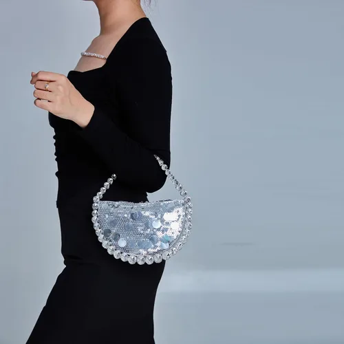 Miniatura 5 de Uhawi Bolso de mano con diamantes de imitación para mujer, bolso de noche con purpurina brillante, hecho a mano, fiesta, boda, plateado