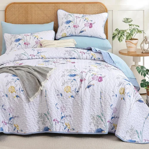 Miniatura 13 de WONGS BEDDING Juego de edredón floral verde azulado, tamaño Queen, juego de colcha de 3 piezas con patrón de plantas botánicas con 2 fundas