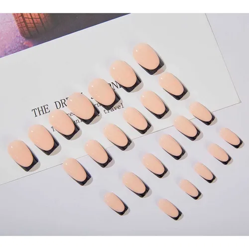 Miniatura 3 de RikView uñas postizas de punta francesa de longitud media, uñas negras adhesivas, uñas cuadradas naturales para mujeres