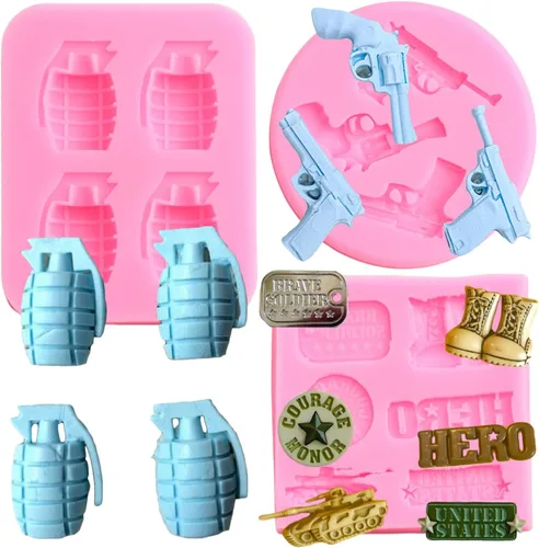 Mujiang Soldier Hero Army Tank Moldes de silicona para pistola pistola granada fondant molde para decoración de pasteles, dulces, chocolate,