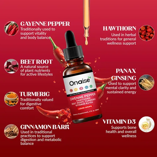 Miniatura 4 de Suplemento de gotas de pimienta de cayena con bayas de espino, vitamina D3 + K2, raíz de remolacha, canela de Ceilán, curcumina de cúrcuma, Panax