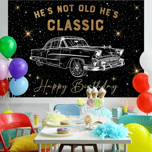Miniatura 5 de Telón de fondo retro para automóvil de 5 x 3 pies para fiesta de cumpleaños, Hes Not Old Hes Classic 1950, auto clásico divertido y clásico