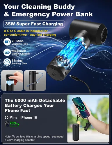 Miniatura 3 de Aspiradora de Aire Plumero 78000RPM Portátil para Coche Aspiradora Inalámbrica 4 en 1 Soplador de Aire y Bomba, Batería Removible de 6000mAh