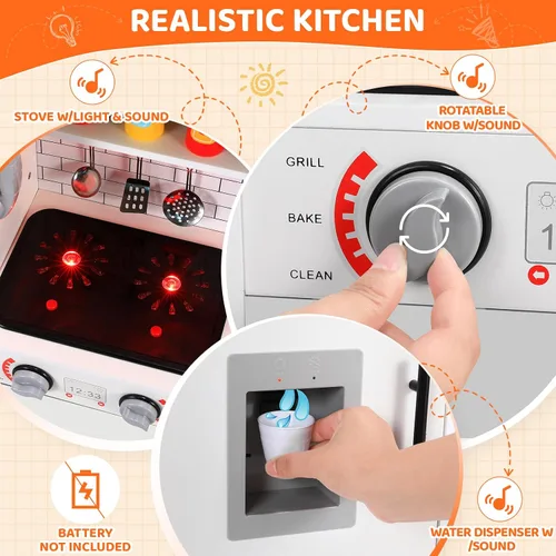 Miniatura 6 de Arlopu Juego de cocina para niños, juego de juguetes de madera con diseño realista, sonidos de luces, ollas y utensilios para niños y niñas a partir