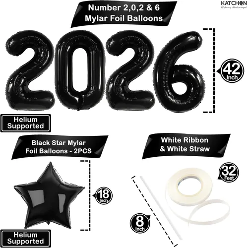 Miniatura 2 de Katchon, Globos gigantes negros grandes 2026 – 42 pulgadas Globos de graduación 2026 con globos de estrella negra para decoraciones de graduación