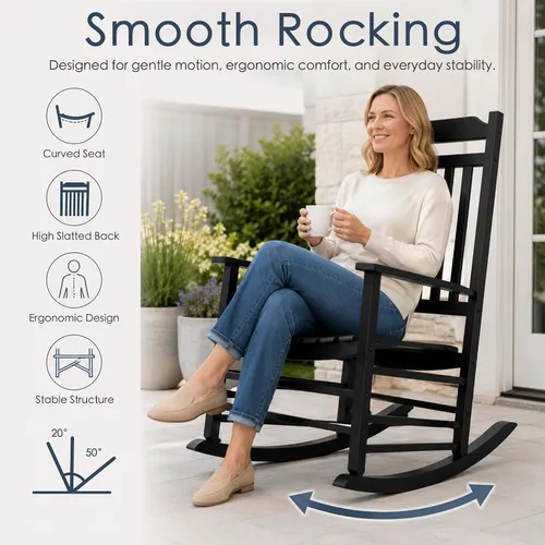 Miniatura 3 de Kozyard Mecedora de madera, silla mecedora de madera maciza para exteriores con respaldo alto y asiento de listones, mecedora ergonómica
