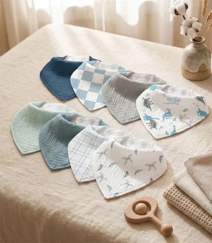 Miniatura 9 de Baberos de muselina para bebé 8 unidades, Babero tipo bandana para babeo y dentición, Algodón suave y absorbente para niñas y niños BC Un dinosaurio
