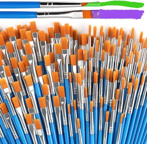 Halobios Juego de 100 pinceles de pintura para pintura acrílica, 50 piezas planas y 50 pinceles redondos, pinceles de pintura para niños y adultos,