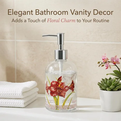 Miniatura 9 de Topadorn Dispensador de jabón de vidrio de 17 onzas con bomba, impresión floral de acuarela Enjoy the Day, botella líquida recargable para cocina