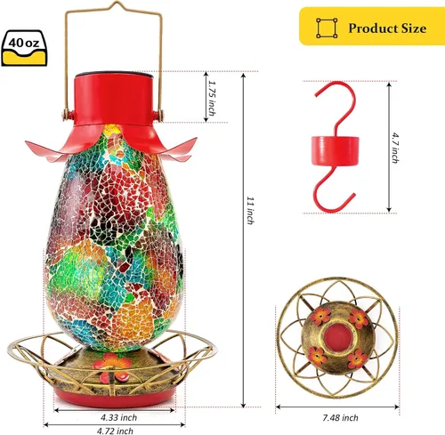 Miniatura 5 de Comedero solar LED para colibríes para exteriores, mosaico de vidrio multicolor, botella de néctar de colibrí colgante con 4 estaciones