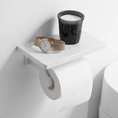 Miniatura 2 de Hoimpro Soporte de papel higiénico de aluminio blanco con estante de mármol natural blanco, soporte de almacenamiento de rollo de papel de seda