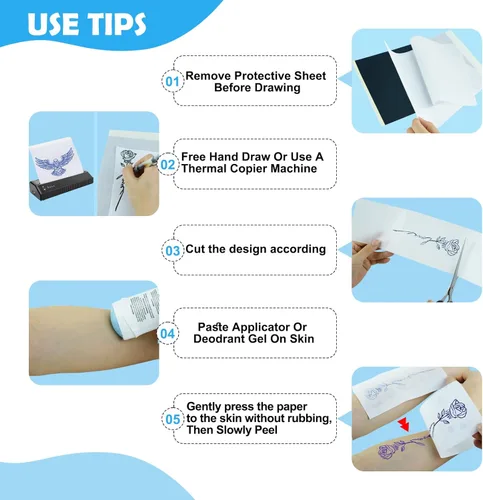 Miniatura 7 de Papel de transferencia de tatuajes, 100 hojas de papel de plantilla de tatuaje, papel de plantilla para tatuaje, tamaños A4, kit de plantillas