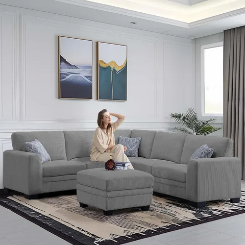 Miniatura 3 de Legend Vansen Sofá Seccional Modular de Gran Tamaño, Sofá en Forma de U de 6 Asientos con Otomana, Sofá de Pana con Asiento Profundo, Sofás Gris