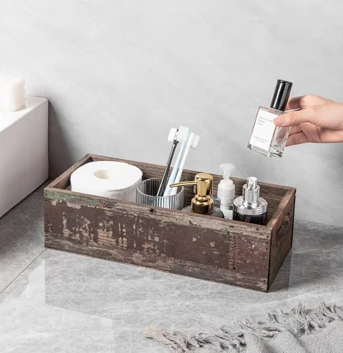 Miniatura 6 de TIMRIS Caja de almacenamiento de madera envejecida de granja, caja de decoración rústica para baño, cesta decorativa para tanque de inodoro Nice